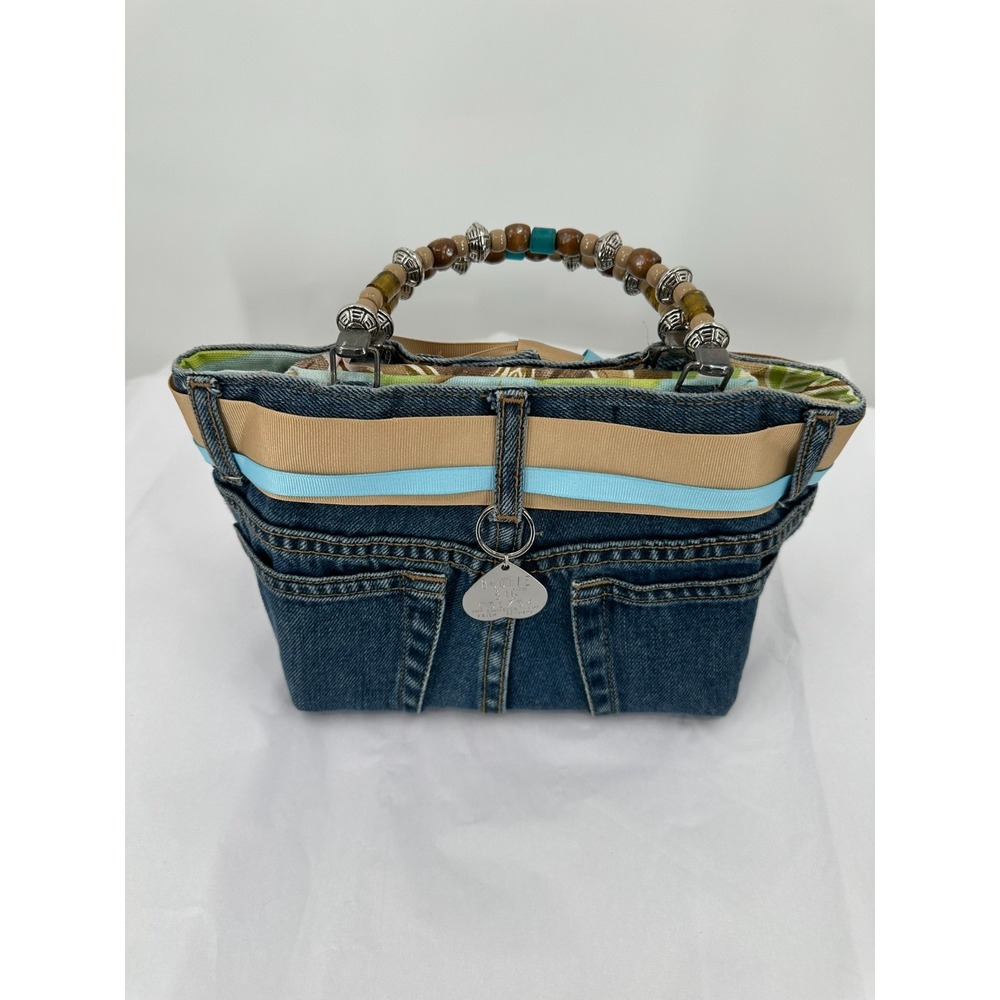 Bootie Bag Blue Jean Handbag Purse Beaded Handles Flip Flop Interior Pockets - Picture 2 of 8